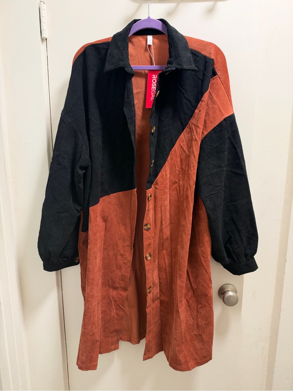 Rosegal Colorblock Corduroy Shirt Jacket in Rust and Black